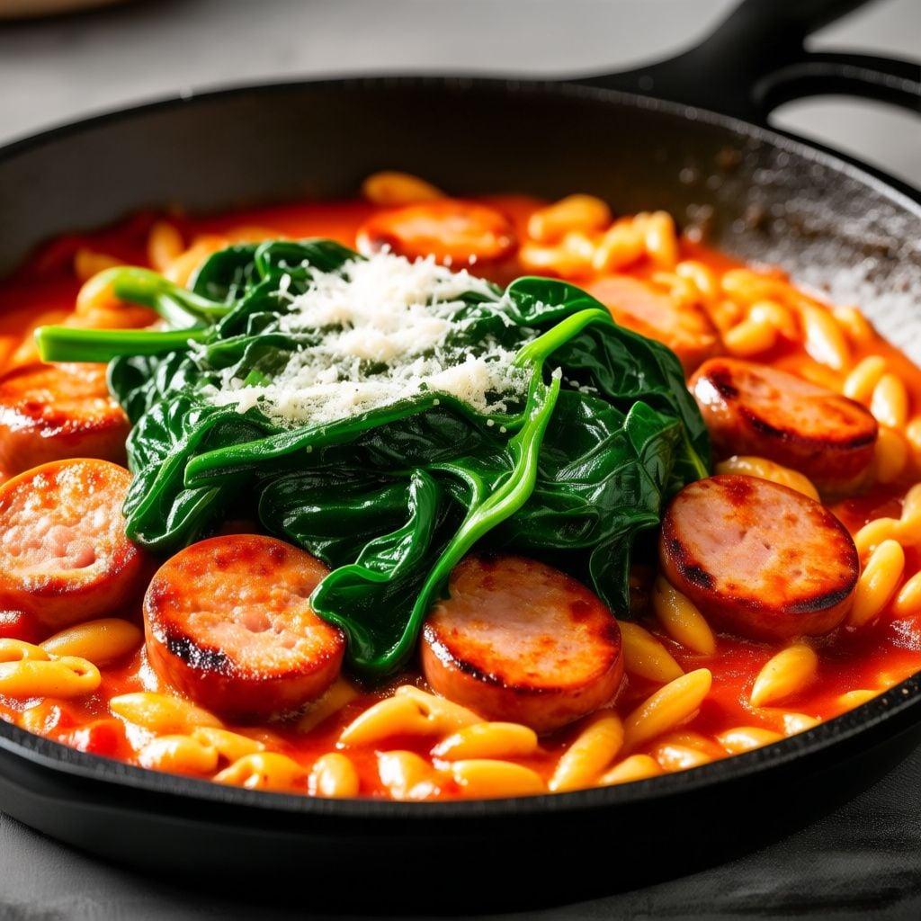 Creamy Tomato and Spinach Orzo with Seared Chicken Sausage Creamy Tomato and Spinach Orzo with Seared Chicken Sausage