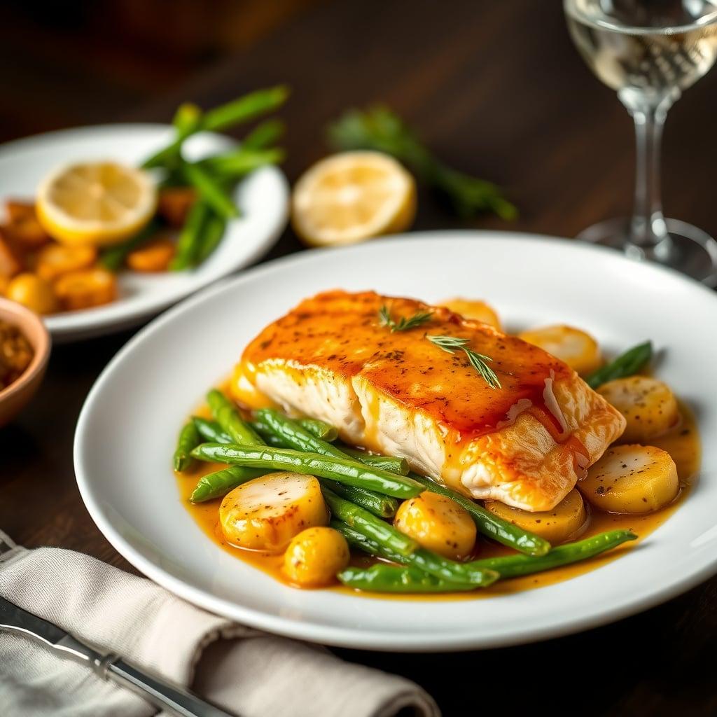 Honey-Mustard Glazed Salmon with Dill Potato Medallions and Lemon-Garlic Green Beans Honey-Mustard Glazed Salmon with Dill Potato Medallions and Lemon-Garlic Green Beans