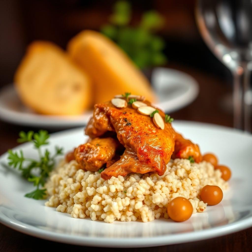 Spiced Moroccan Chicken Tagine with Apricots, Almonds, and Herbed Couscous Spiced Moroccan Chicken Tagine with Apricots, Almonds, and Herbed Couscous