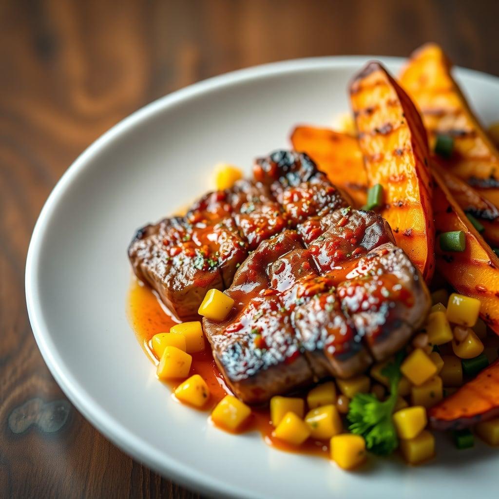 Smoky Chili-Rubbed Flank Steak with Grilled Corn-Poblano Salad and Sweet Potato Wedges