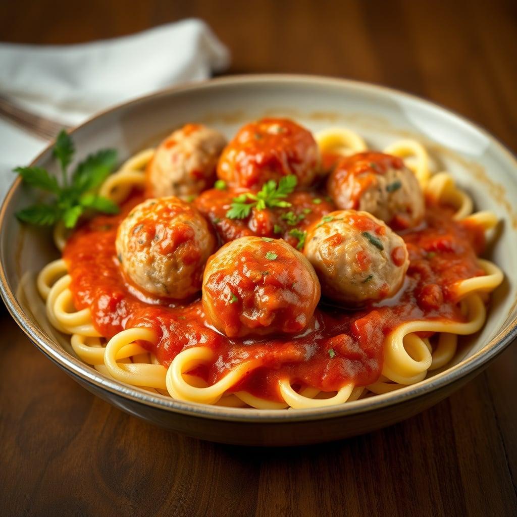 Turkey Meatballs in Hidden-Veggie Marinara with Egg Noodles Turkey Meatballs in Hidden-Veggie Marinara with Egg Noodles