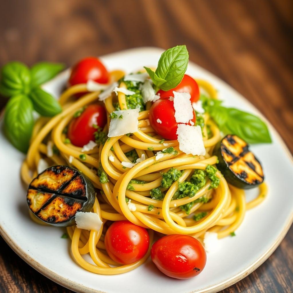 Pesto Pasta with Cherry Tomatoes and Grilled Zucchini Pesto Pasta with Cherry Tomatoes and Grilled Zucchini