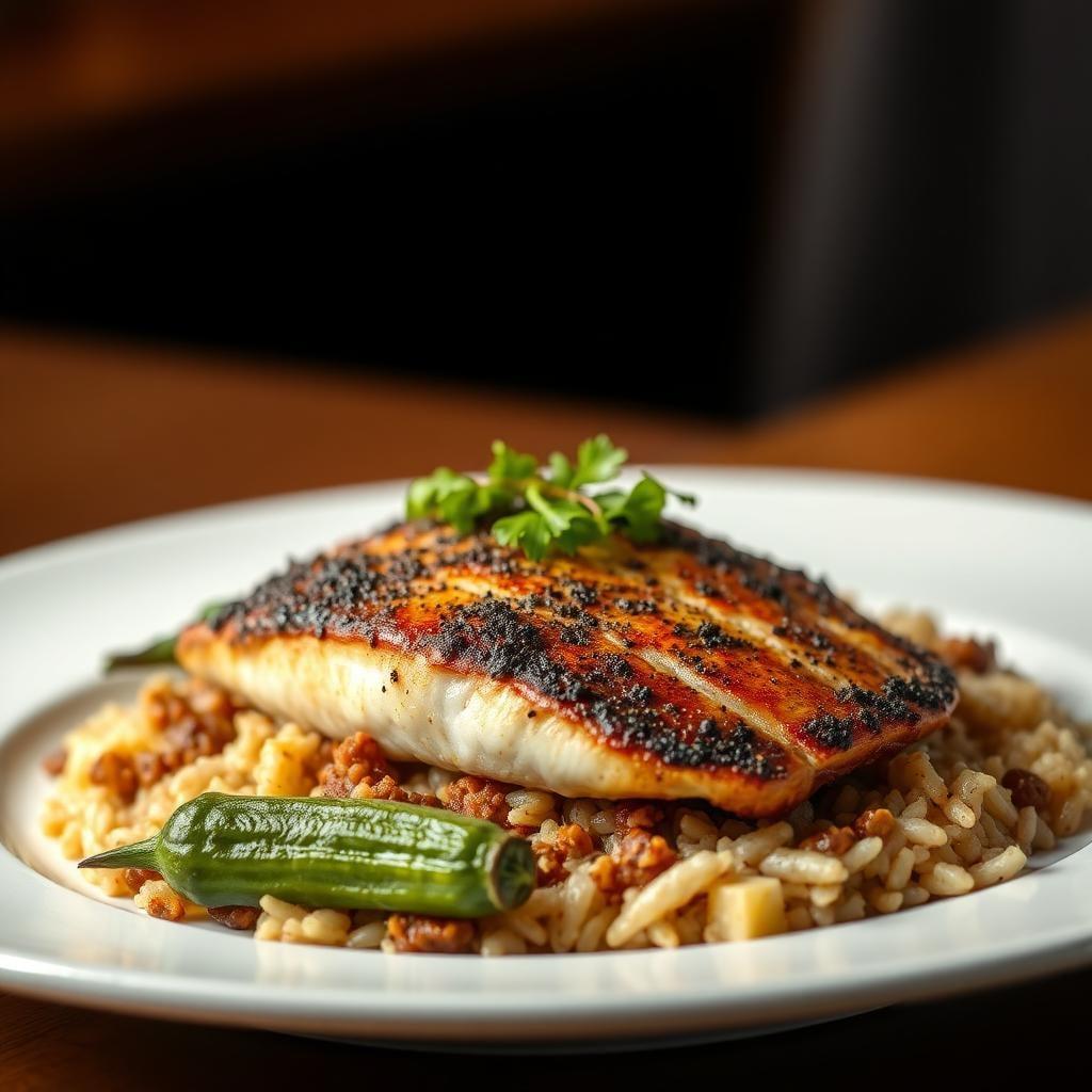 Cajun Blackened Tilapia with Dirty Rice and Sautéed Okra