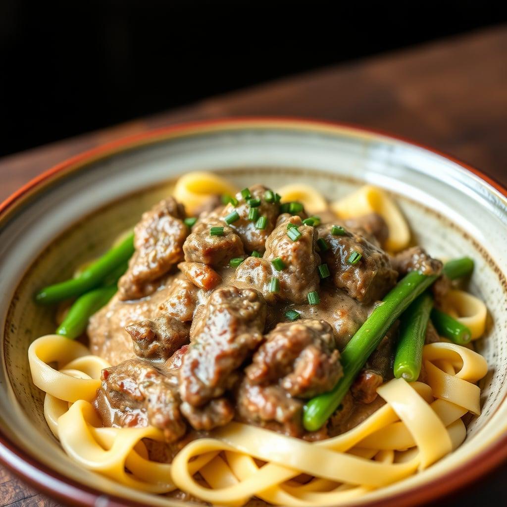 Slow-Braised Cognac Beef Stroganoff with Herbed Pappardelle and Garlic-Butter Haricots Verts