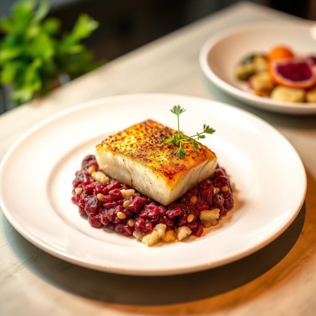 Pan-Roasted Cod with Beet Risotto and Fennel-Citrus Salad Pan-Roasted Cod with Beet Risotto and Fennel-Citrus Salad