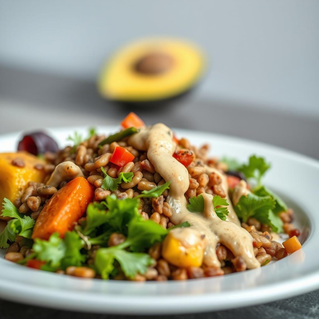 Lentil and Roasted Vegetable Salad with Tahini Dressing Lentil and Roasted Vegetable Salad with Tahini Dressing