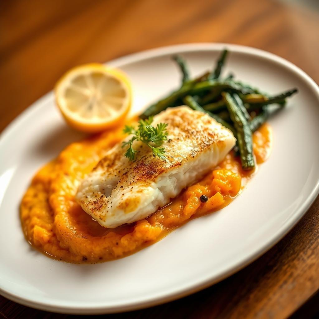 Baked Cod with Potato-Carrot Mash and Steamed Greens