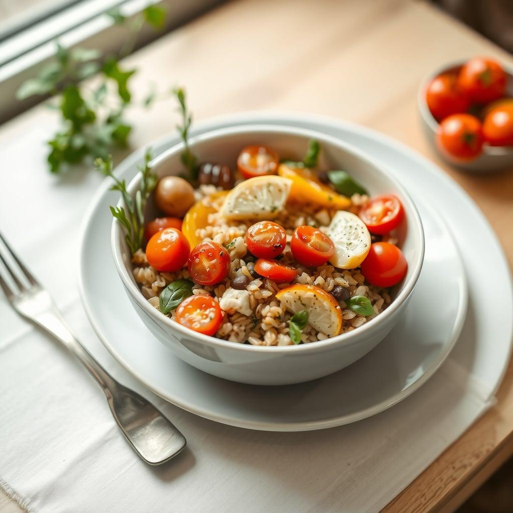 Mediterranean Farro Bowl with Roasted Vegetables and Lemon-Herb Dressing Mediterranean Farro Bowl with Roasted Vegetables and Lemon-Herb Dressing