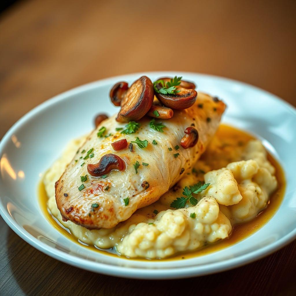 Mushroom and Herb Stuffed Chicken Breast with Roasted Garlic Cauliflower Mash