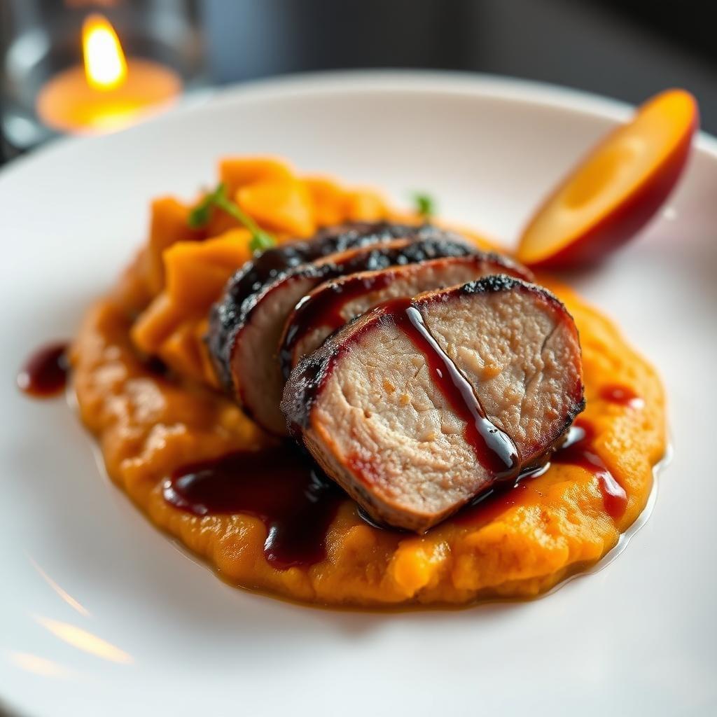 Balsamic Glazed Pork Tenderloin with Sweet Potato Mash