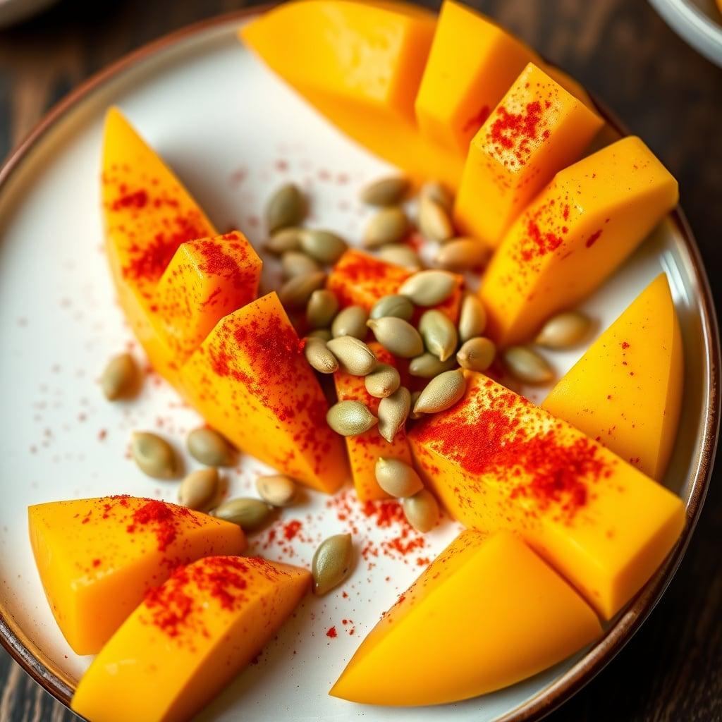 Fresh Mango Slices with Tajin and Pumpkin Seeds Fresh Mango Slices with Tajin and Pumpkin Seeds