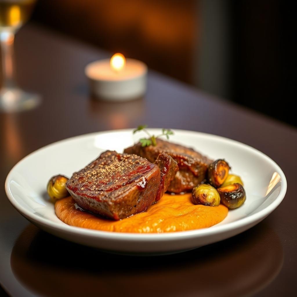 Braised Short Ribs with Parsnip-Carrot Purée and Crispy Brussels Sprouts