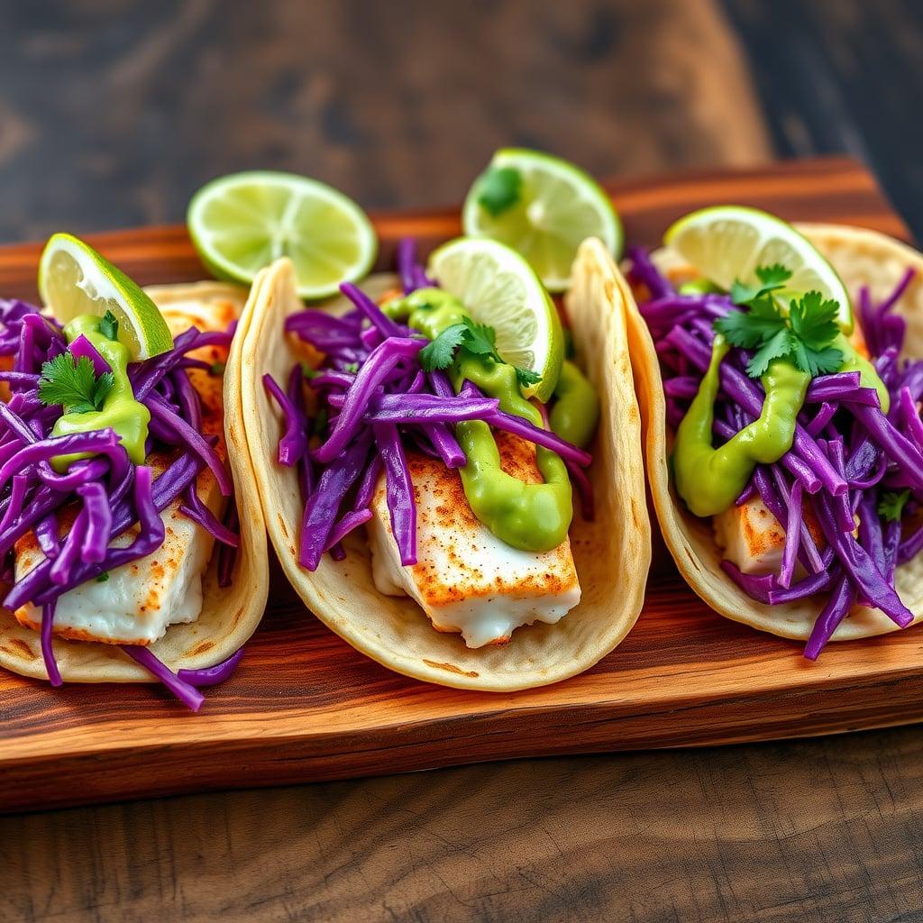 Chipotle-Lime Fish Tacos with Avocado Crema and Cabbage Slaw