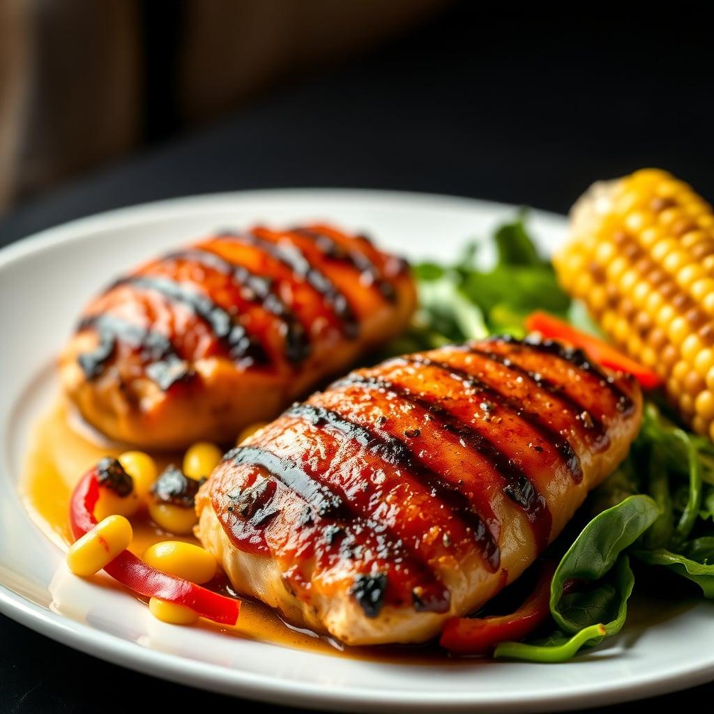 Pan-Seared BBQ Chicken Breasts with Grilled BBQ Corn on the Cob and Wilted Spinach Pan-Seared BBQ Chicken Breasts with Grilled BBQ Corn on the Cob and Wilted Spinach