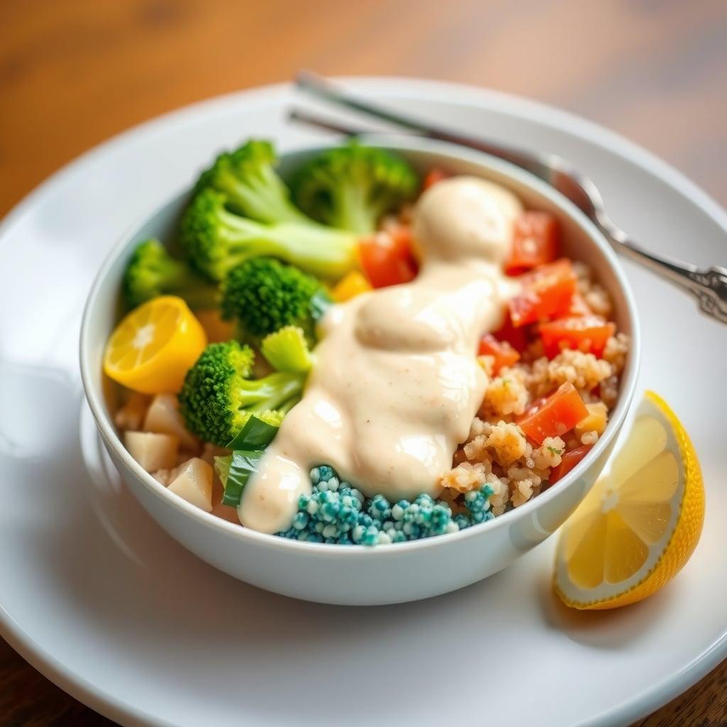 Vibrant Steamed Rainbow Bowl with Lemon-Tahini Dressing Vibrant Steamed Rainbow Bowl with Lemon-Tahini Dressing