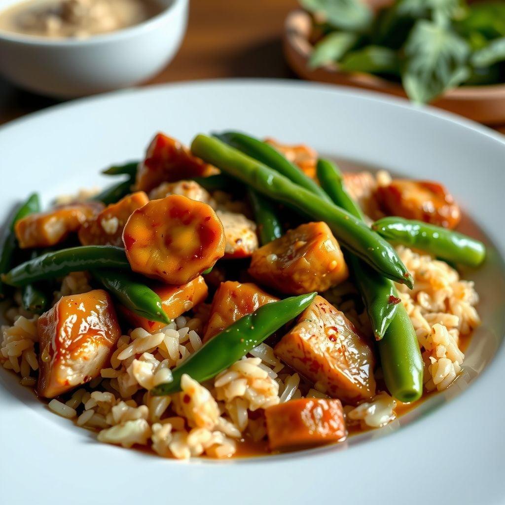 Thai Basil Ground Pork Stir-Fry with Green Beans and Jasmine Rice Thai Basil Ground Pork Stir-Fry with Green Beans and Jasmine Rice