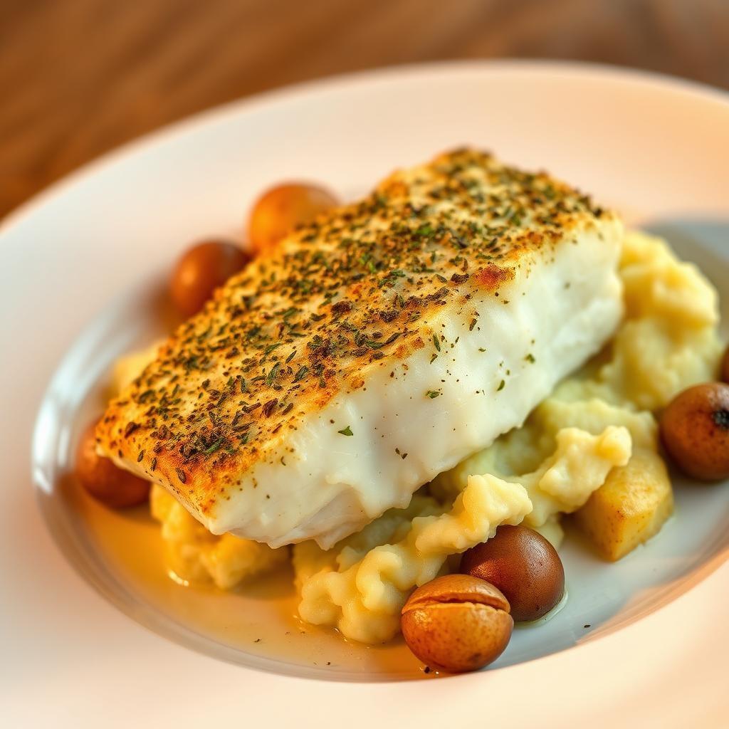 Herb-Crusted Baked Cod with Roasted Garlic Mashed Potatoes Herb-Crusted Baked Cod with Roasted Garlic Mashed Potatoes