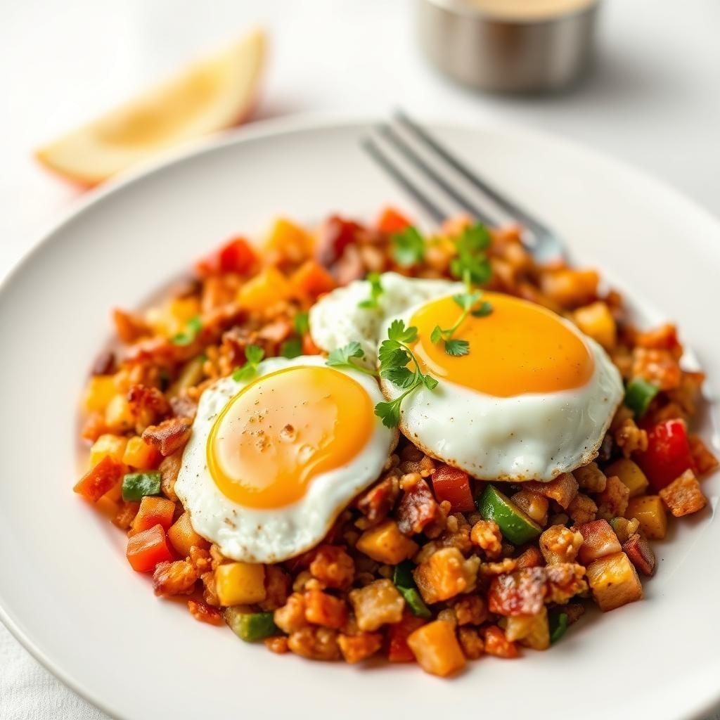 Bacon & Bell Pepper Breakfast Hash with Fried Eggs