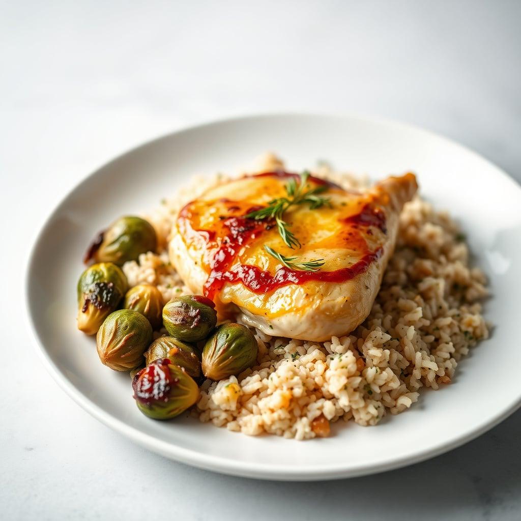 Maple-Mustard Baked Chicken with Roasted Brussels Sprouts and Herbed Rice Maple-Mustard Baked Chicken with Roasted Brussels Sprouts and Herbed Rice