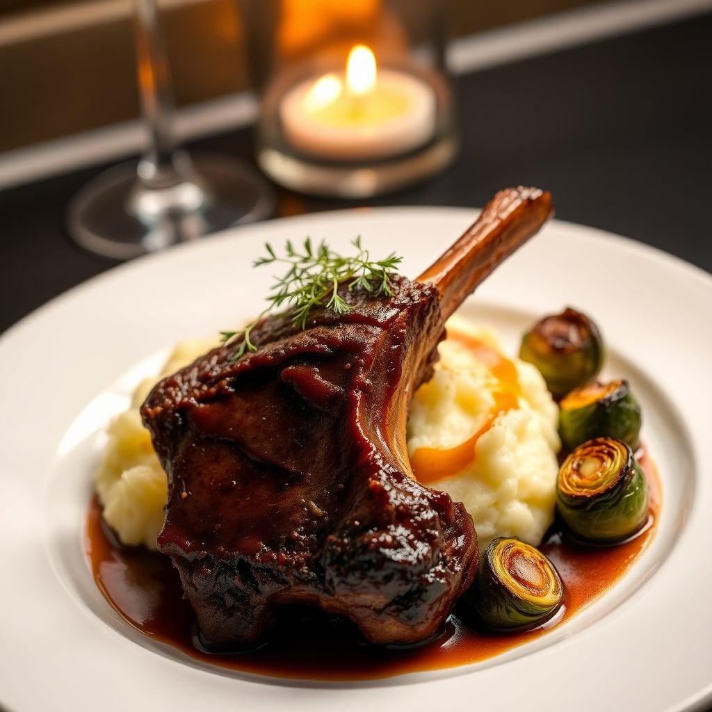 Applewood-Smoked Beef Short Ribs with Bourbon Glaze, Creamy Horseradish Mashed Potatoes, and Charred Brussels Sprouts
