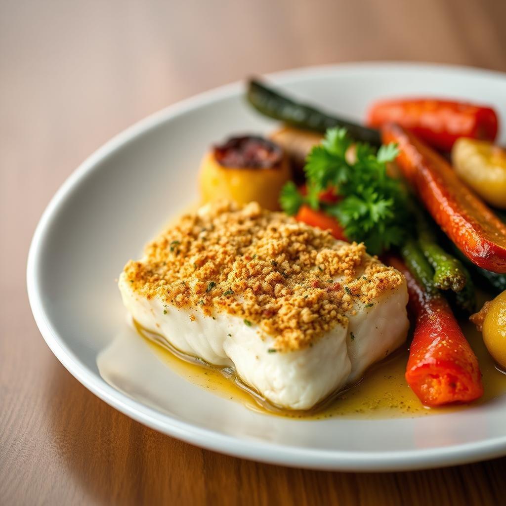 Herb-Crusted Baked Cod with Roasted Vegetables Herb-Crusted Baked Cod with Roasted Vegetables
