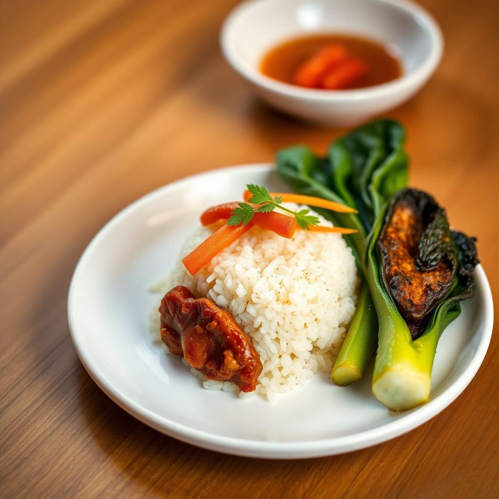 Caramelized Vietnamese Pork Mince with Lemongrass-Ginger Rice, Pickled Daikon, and Charred Baby Bok Choy
