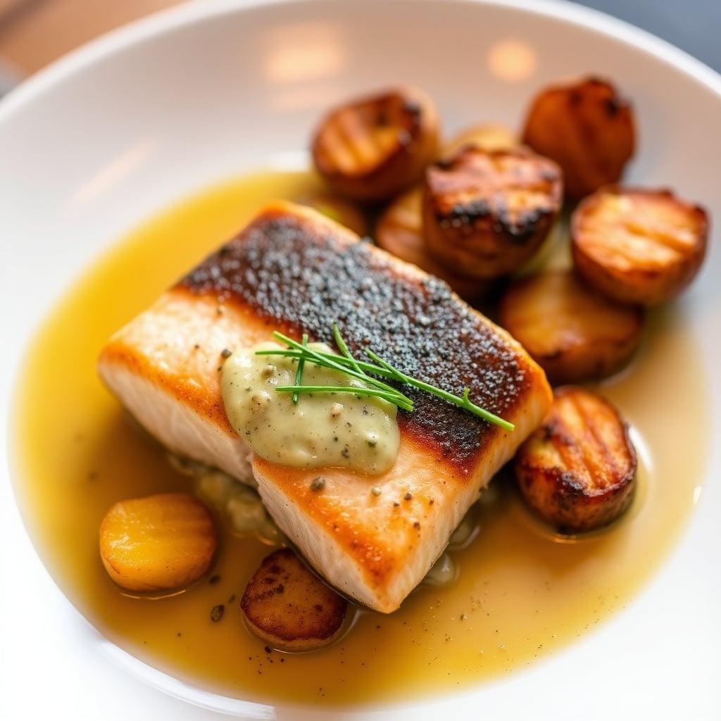 Pan-Seared Salmon with Leek & Lemon Pan Sauce and Crispy Herb Potatoes