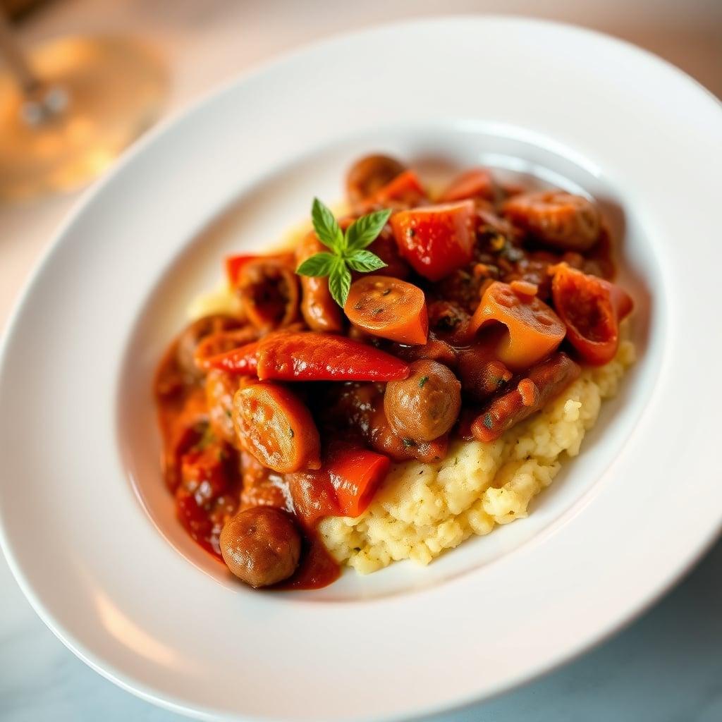 Tuscan-Style Italian Sausage Ragu with Bell Pepper and Roma Tomato over Herbed Polenta Tuscan-Style Italian Sausage Ragu with Bell Pepper and Roma Tomato over Herbed Polenta
