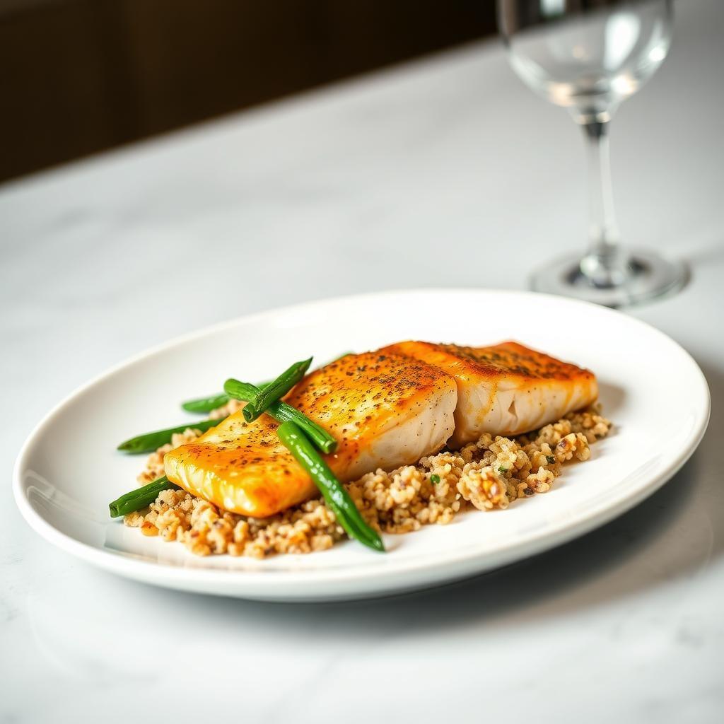 Baked Honey Mustard Salmon with Quinoa and Steamed Green Beans