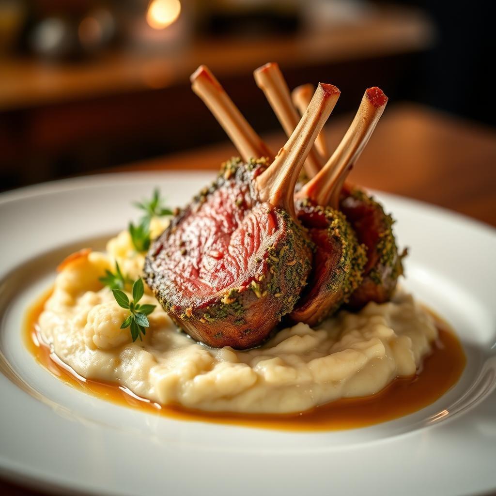Herb-Crusted Rack of Lamb with Cauliflower Purée Herb-Crusted Rack of Lamb with Cauliflower Purée