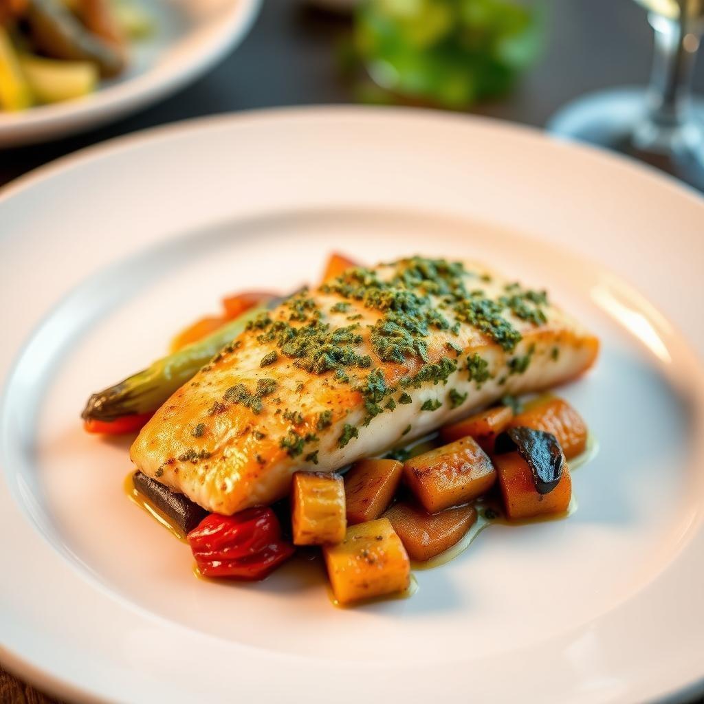 Baked Pesto Salmon with Roasted Vegetables