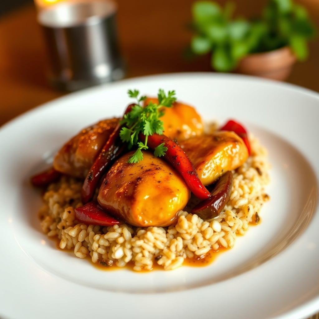 Spanish Saffron-Braised Chicken Thighs with Chorizo, Sherry-Glazed Peppers, and Toasted Almond Rice Spanish Saffron-Braised Chicken Thighs with Chorizo, Sherry-Glazed Peppers, and Toasted Almond Rice
