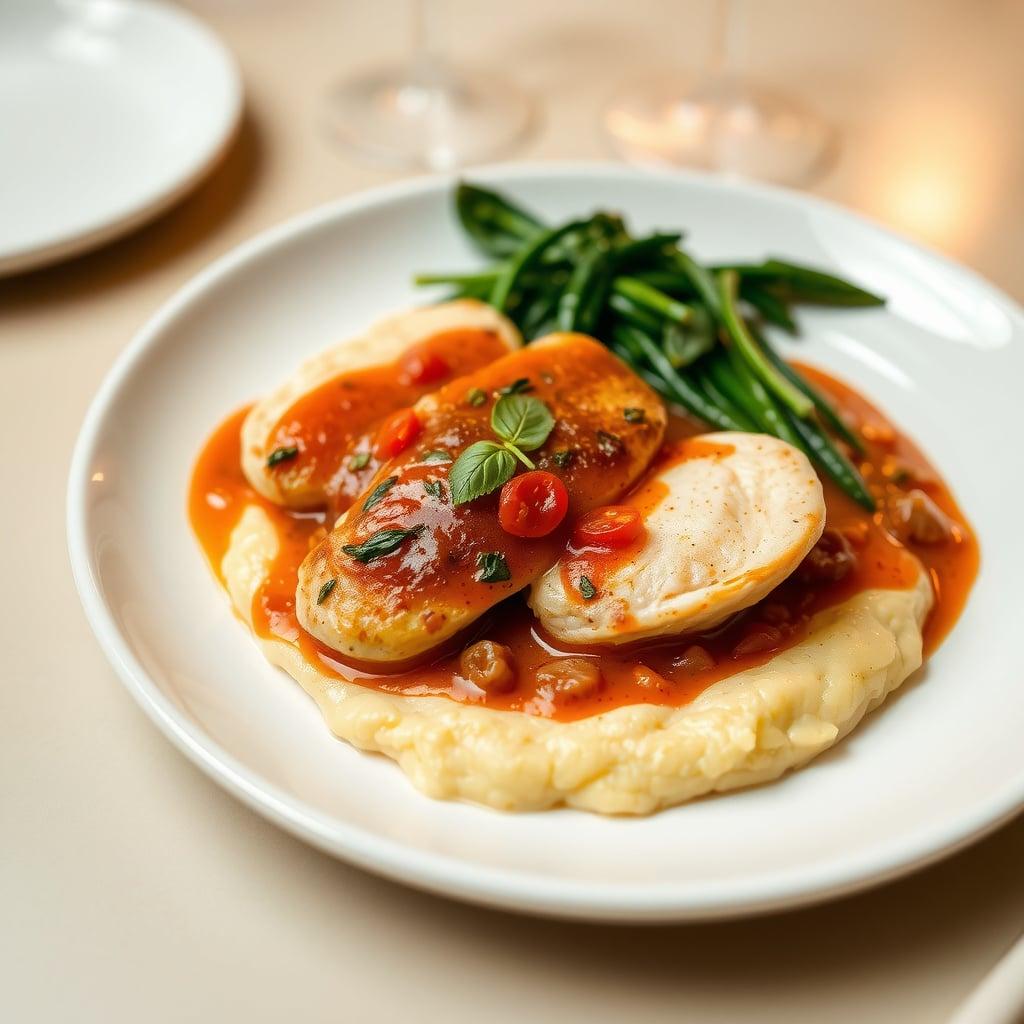 Pan-Seared Chicken Scaloppine with Tomato-Basil Pan Sauce, Creamy Polenta, and Garlic Spinach Pan-Seared Chicken Scaloppine with Tomato-Basil Pan Sauce, Creamy Polenta, and Garlic Spinach
