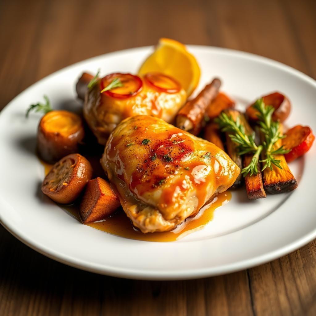 Honey Mustard Glazed Chicken Thighs with Roasted Root Vegetables Honey Mustard Glazed Chicken Thighs with Roasted Root Vegetables