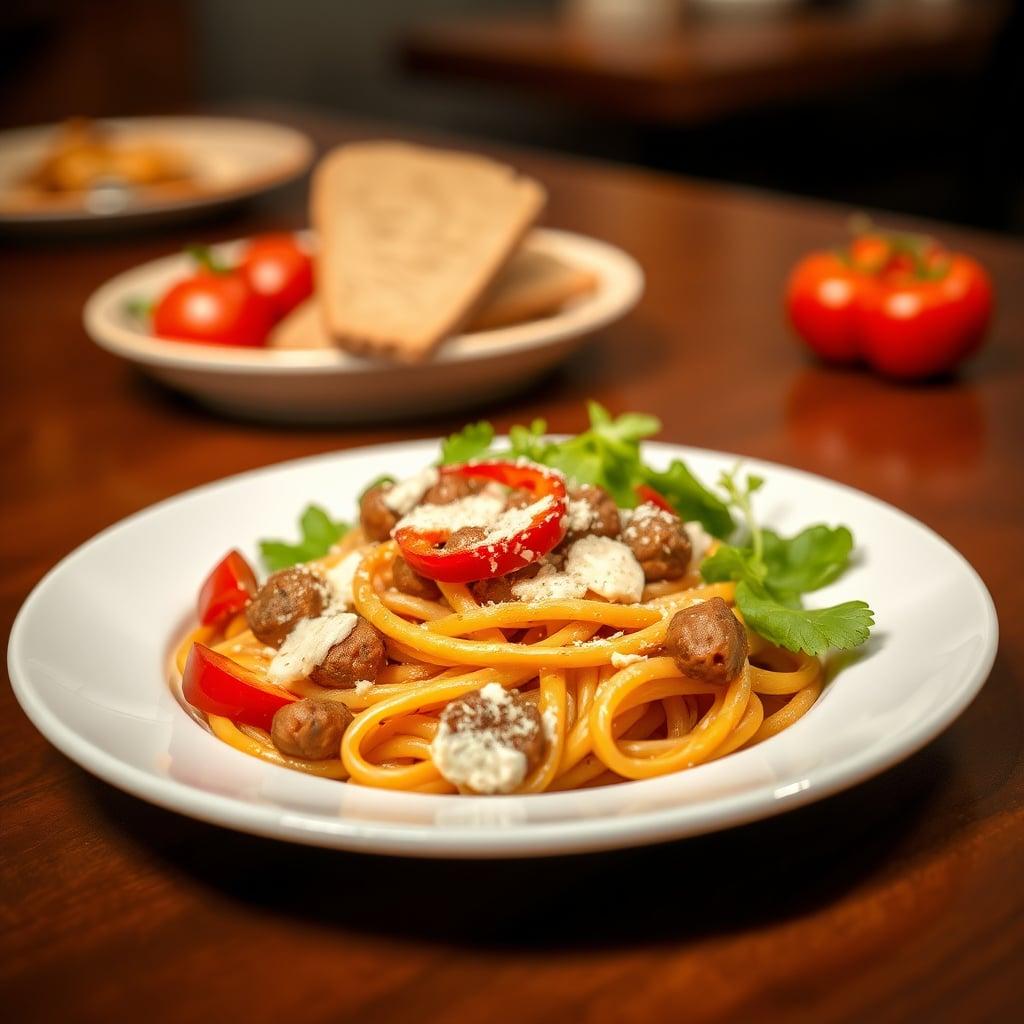 Italian Sausage and Bell Pepper Pasta with Parmesan and Garden Salad Italian Sausage and Bell Pepper Pasta with Parmesan and Garden Salad