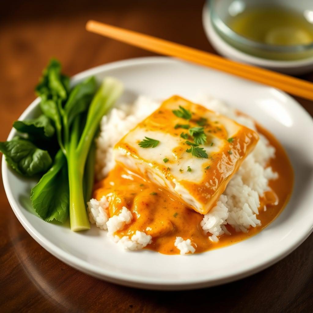 Thai-Inspired Coconut Curry Halibut with Jasmine Rice and Lime-Scented Bok Choy Thai-Inspired Coconut Curry Halibut with Jasmine Rice and Lime-Scented Bok Choy
