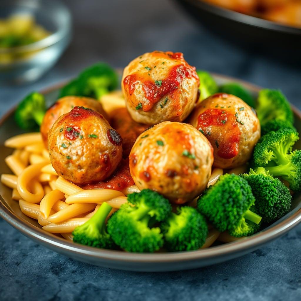 Baked Italian Turkey Meatballs with Penne and Broccoli