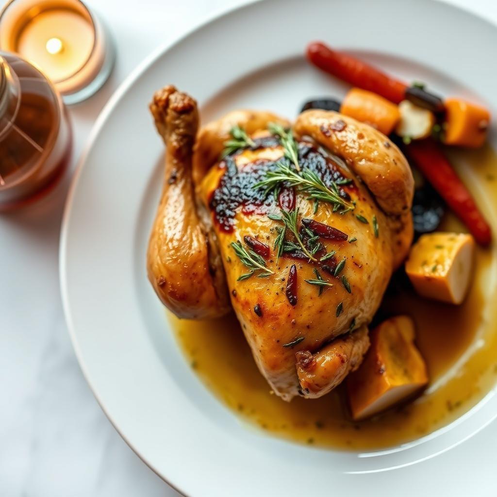 Herb-Roasted Chicken with Root Vegetables and Garlic Jus Herb-Roasted Chicken with Root Vegetables and Garlic Jus