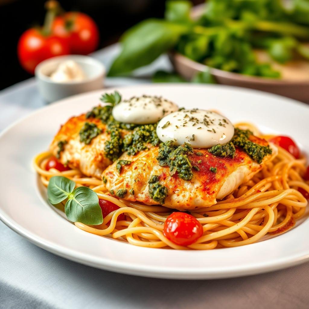 Baked Pesto Chicken with Tomatoes and Mozzarella over Pasta
