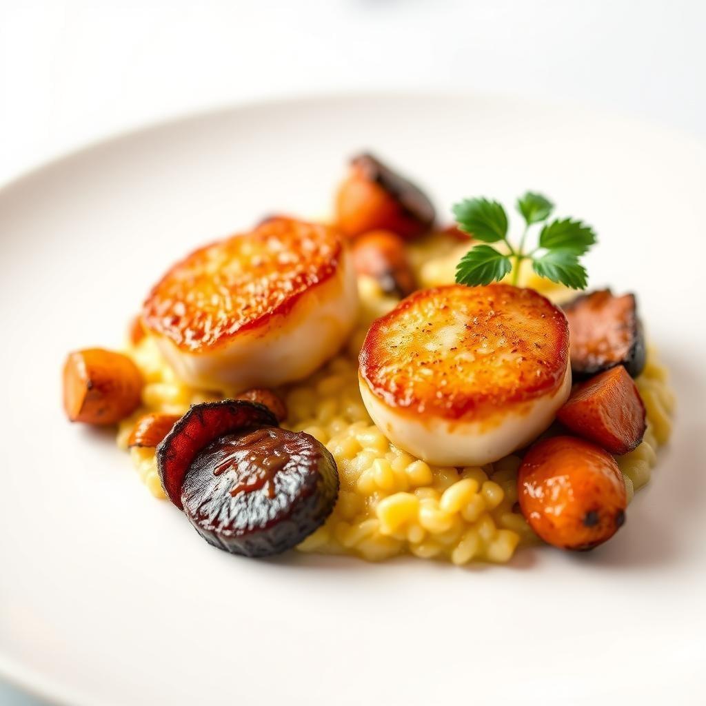 Seared Scallops with Saffron Risotto and Roasted Root Vegetable Medley Seared Scallops with Saffron Risotto and Roasted Root Vegetable Medley