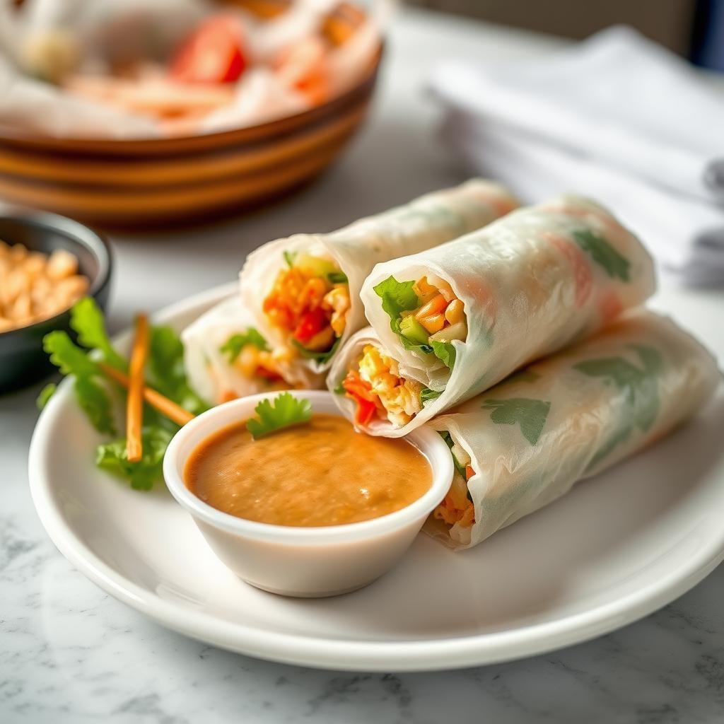 Asian-Inspired Rice Paper Rolls with Peanut Dipping Sauce