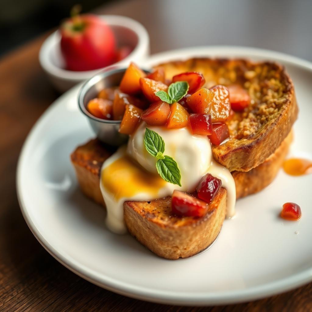 Artisanal Sourdough French Toast with Bourbon-Vanilla Bean Custard and Caramelized Stone Fruit Compote