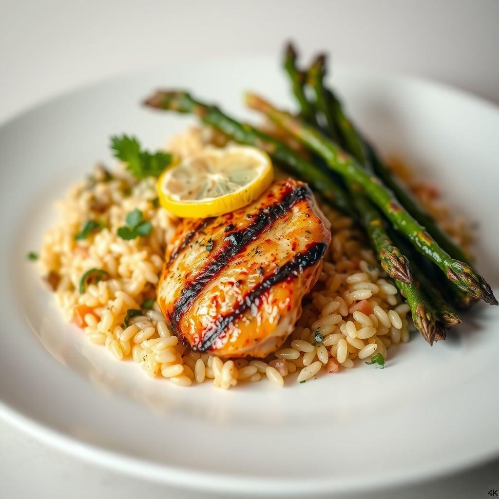 Grilled Mediterranean Chicken Thighs with Lemon-Herb Orzo and Charred Asparagus Grilled Mediterranean Chicken Thighs with Lemon-Herb Orzo and Charred Asparagus