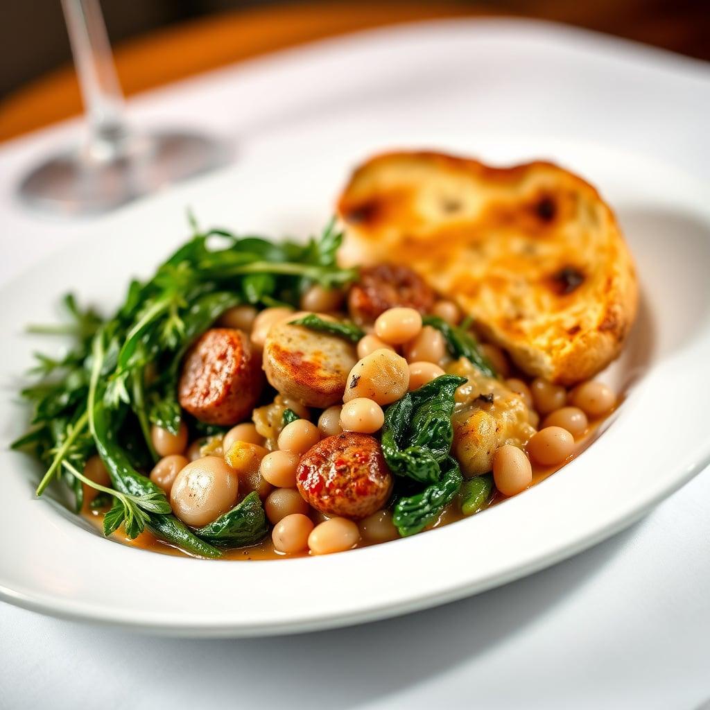 Tuscan White Bean & Sausage Skillet with Rosemary Focaccia & Sautéed Spinach Tuscan White Bean & Sausage Skillet with Rosemary Focaccia & Sautéed Spinach
