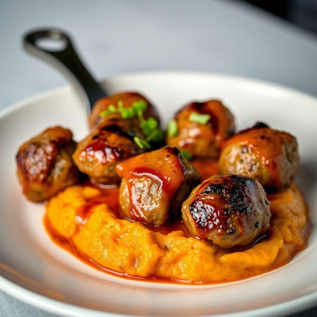 Skillet BBQ Turkey Meatballs with Sweet Potato Mash Skillet BBQ Turkey Meatballs with Sweet Potato Mash