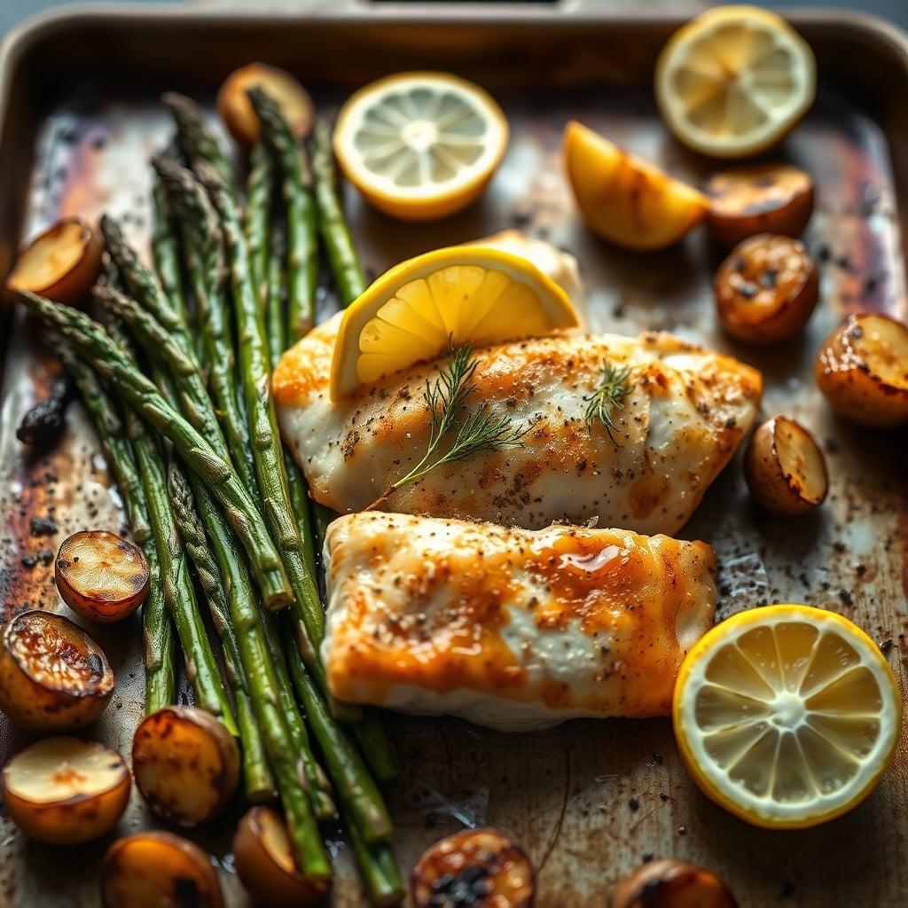 Lemon-Herb Orange Roughy with Roasted Asparagus and Fingerling Potatoes Lemon-Herb Orange Roughy with Roasted Asparagus and Fingerling Potatoes