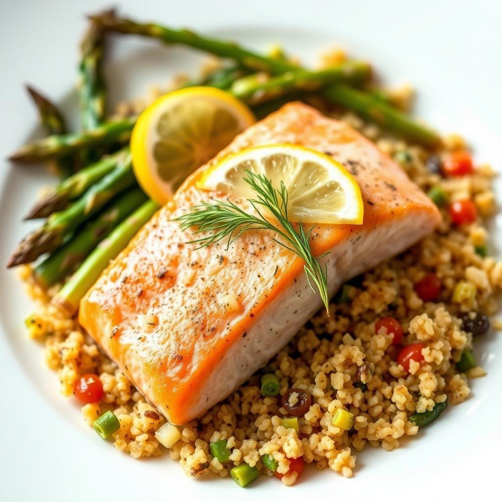Lemon and Dill Salmon with Quinoa and Roasted Asparagus