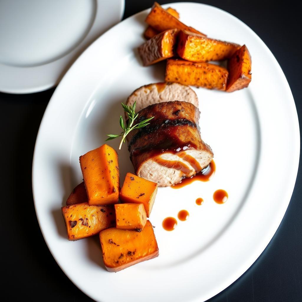 Balsamic Glazed Pork Tenderloin with Roasted Sweet Potatoes