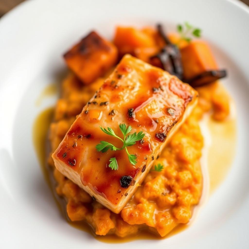 Maple-Glazed Salmon with Roasted Sweet Potato Mash Maple-Glazed Salmon with Roasted Sweet Potato Mash
