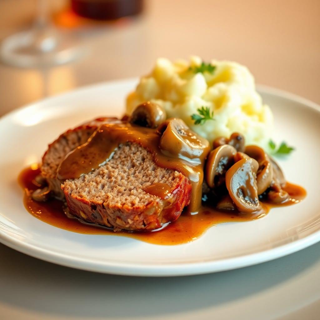 Maple-Bourbon Glazed Pork Meatloaf with Caramelized Mushroom Gravy and Garlic Mashed Potatoes